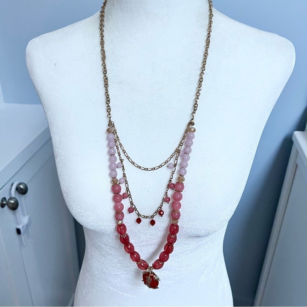 Boho beaded multi strand gold tone and pink beaded necklace
